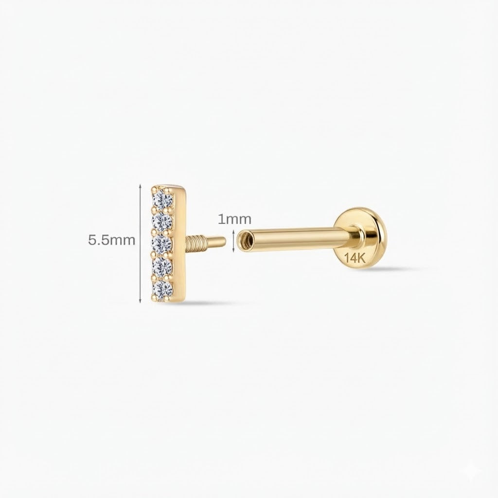14K Solid Yellow Gold Vertical Pavé Bar Flat Back Stud & Solid Gold Post