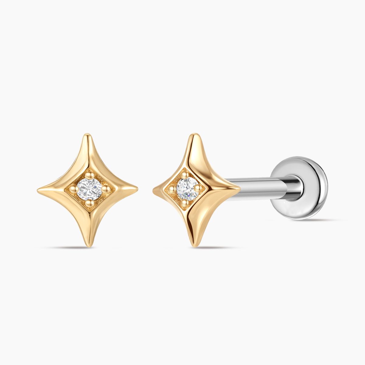 14K Solid Yellow Gold Star Flat Back Stud Piercing