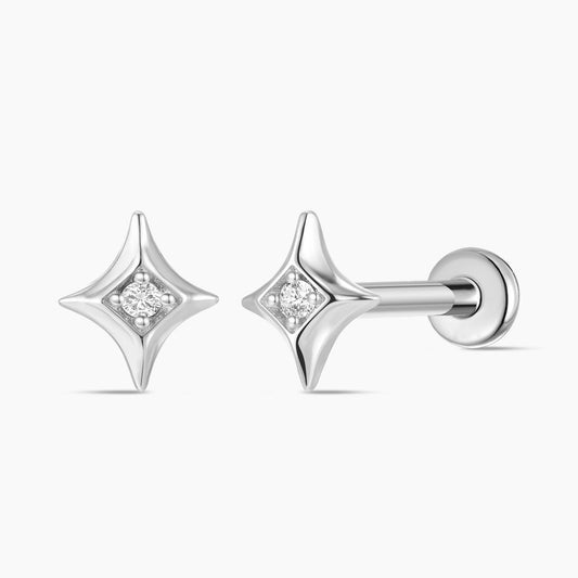 14K Solid White Gold Star Flat Back Stud Piercing