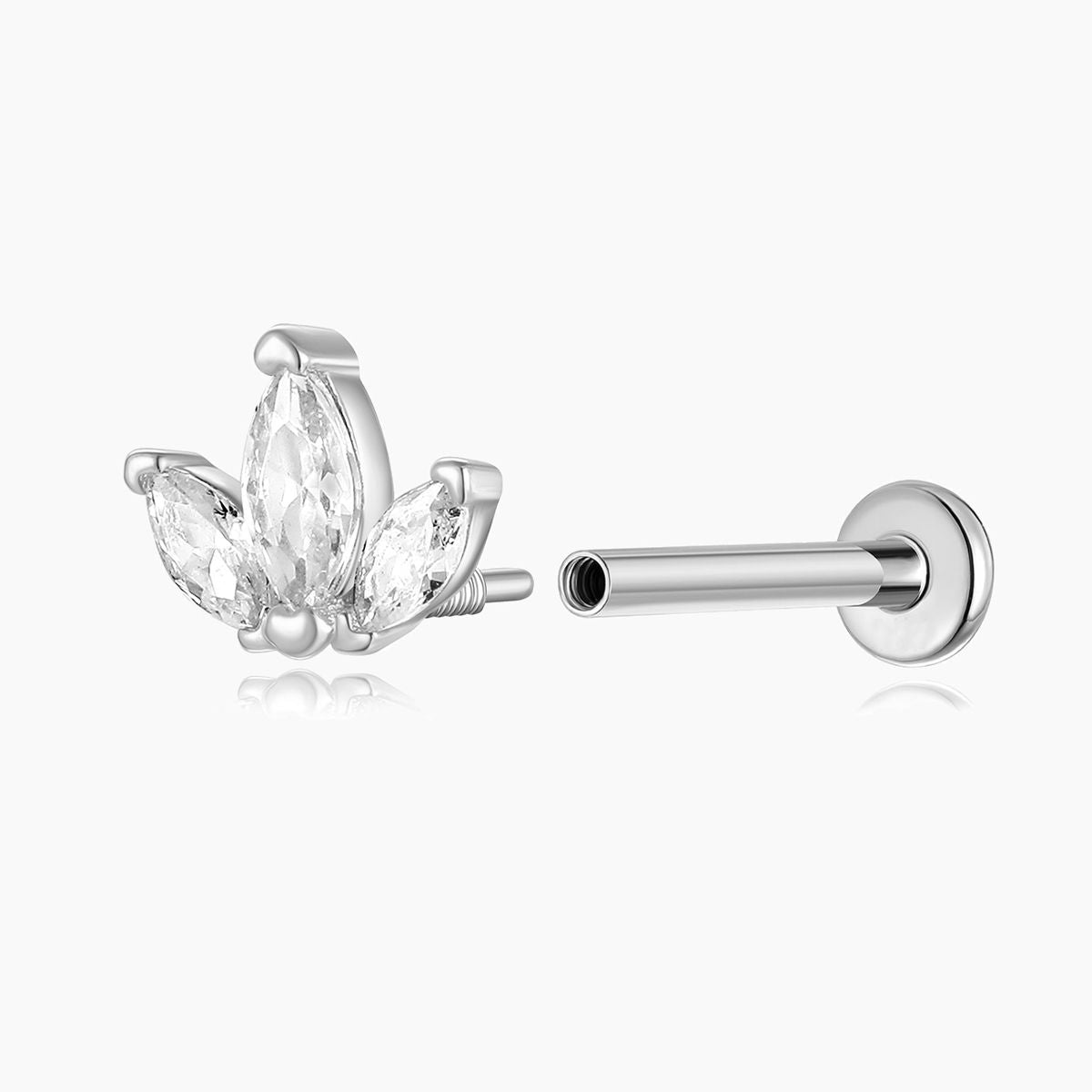 14K Solid White Gold Triple Marquise Stud Flat Back Piercing