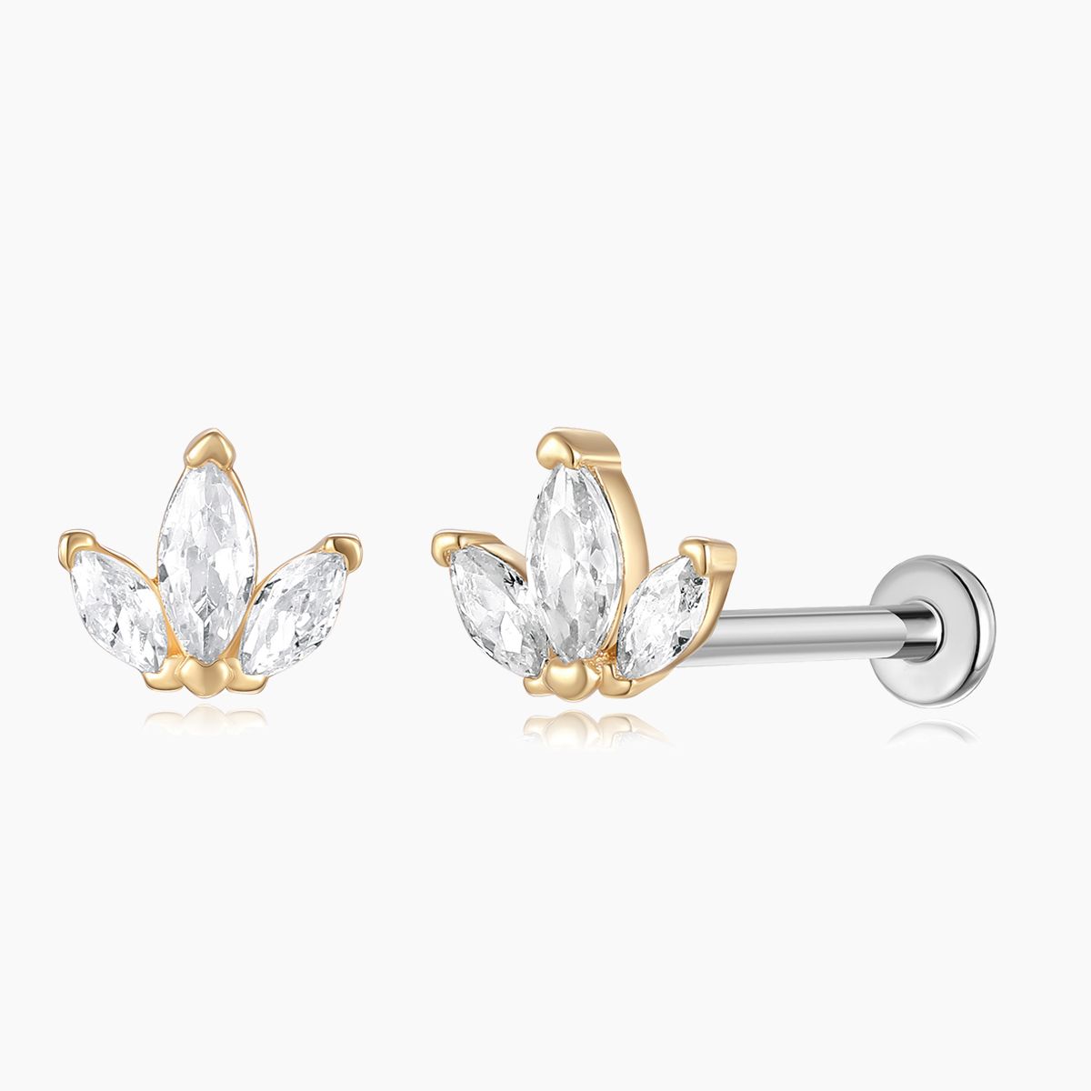 14K Solid Yellow Gold Triple Marquise Stud Flat Back Piercing
