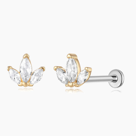 14K Solid Yellow Gold Triple Marquise Stud Flat Back Piercing