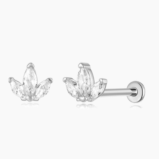14K Solid White Gold Triple Marquise Stud Flat Back Piercing
