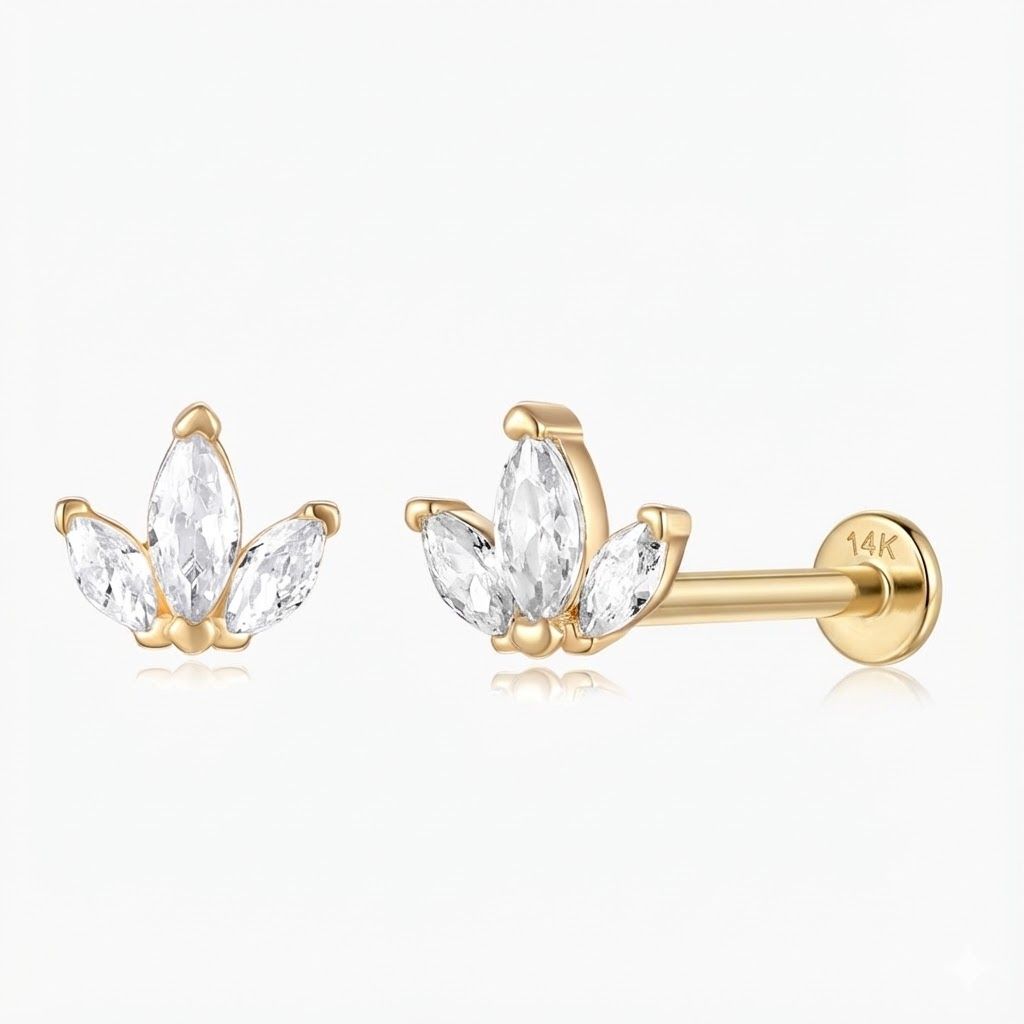 14K Solid Yellow Gold Triple Marquise Stud Flat Back & Solid Gold Post