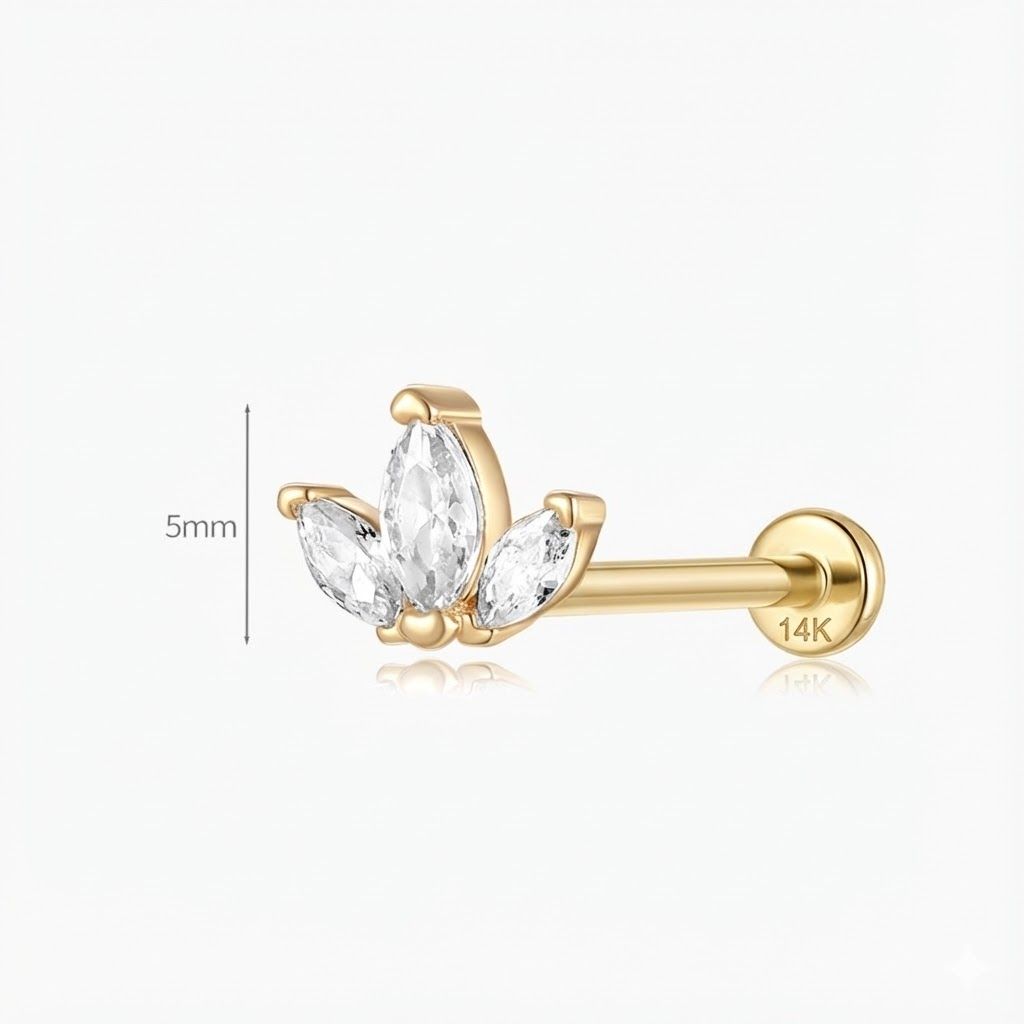 14K Solid Yellow Gold Triple Marquise Stud Flat Back & Solid Gold Post