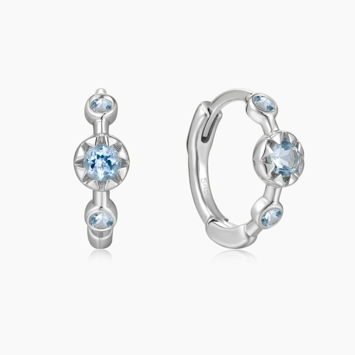 14K Solid White Gold Aquamarine Star Cluster Clicker Hoop