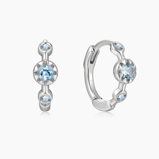 14K Solid White Gold Aquamarine Star Cluster Clicker Hoop