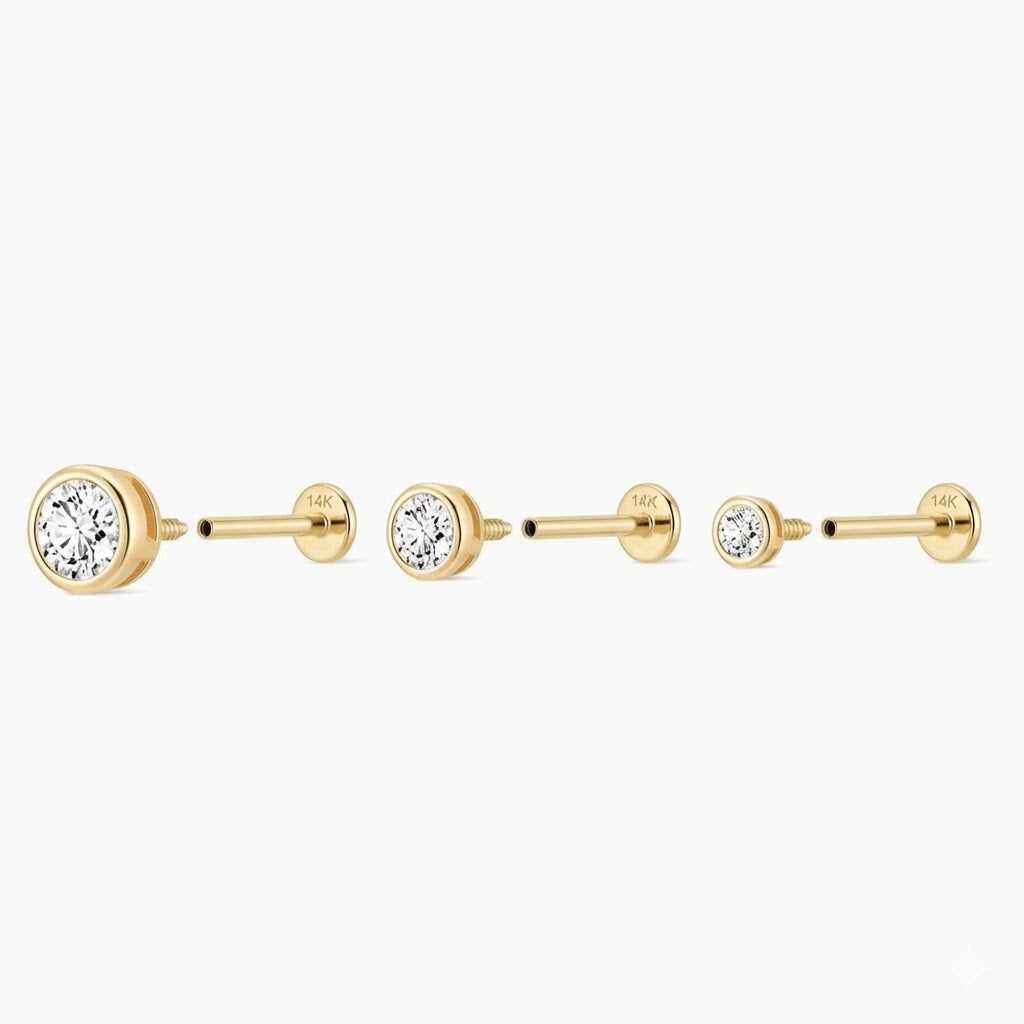 14K Solid Yellow Gold Bezel Stud Flatback Piercing & Solid Gold Post
