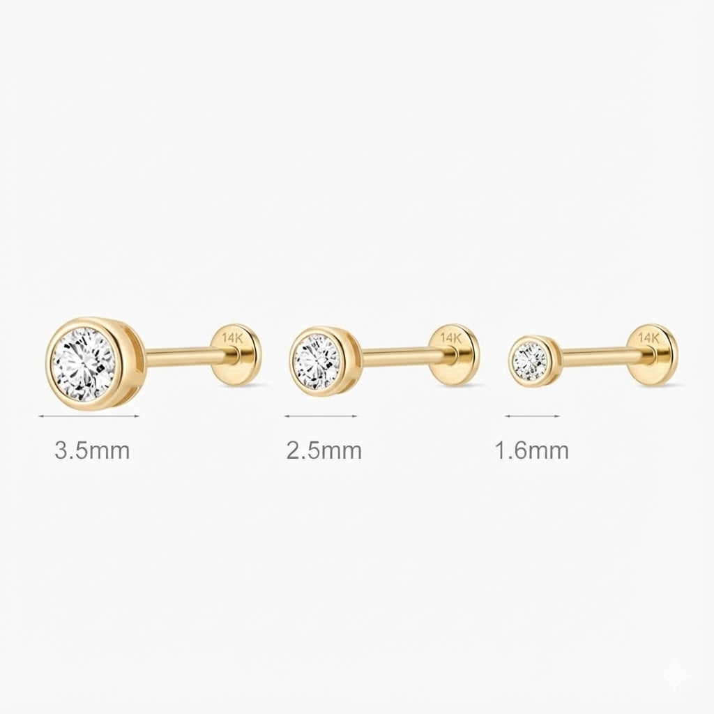 14K Solid Yellow Gold Bezel Stud Flatback Piercing & Solid Gold Post