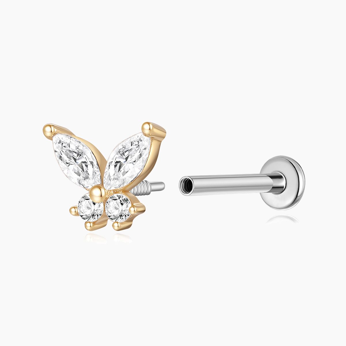 14K Solid Yellow Gold Butterfly Stud Flat Back Piercing