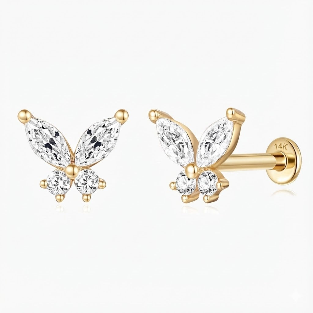 14K Solid Yellow Gold Butterfly Stud Flat Back Piercing & Solid Gold Post