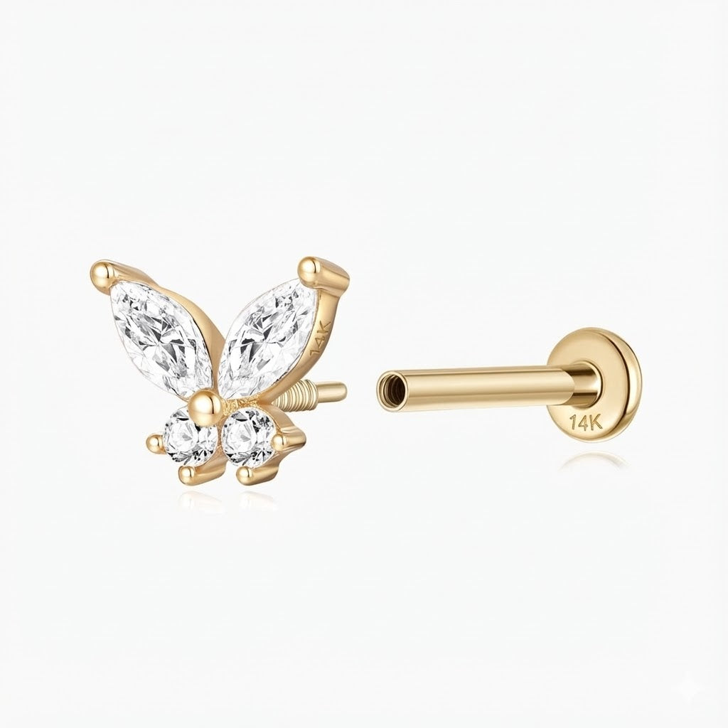 14K Solid Yellow Gold Butterfly Stud Flat Back Piercing & Solid Gold Post