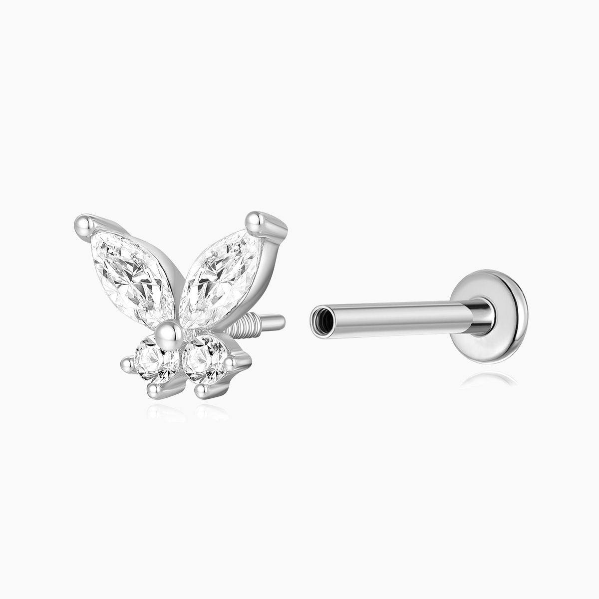 14K Solid White Gold Butterfly Stud Flat Back Piercing