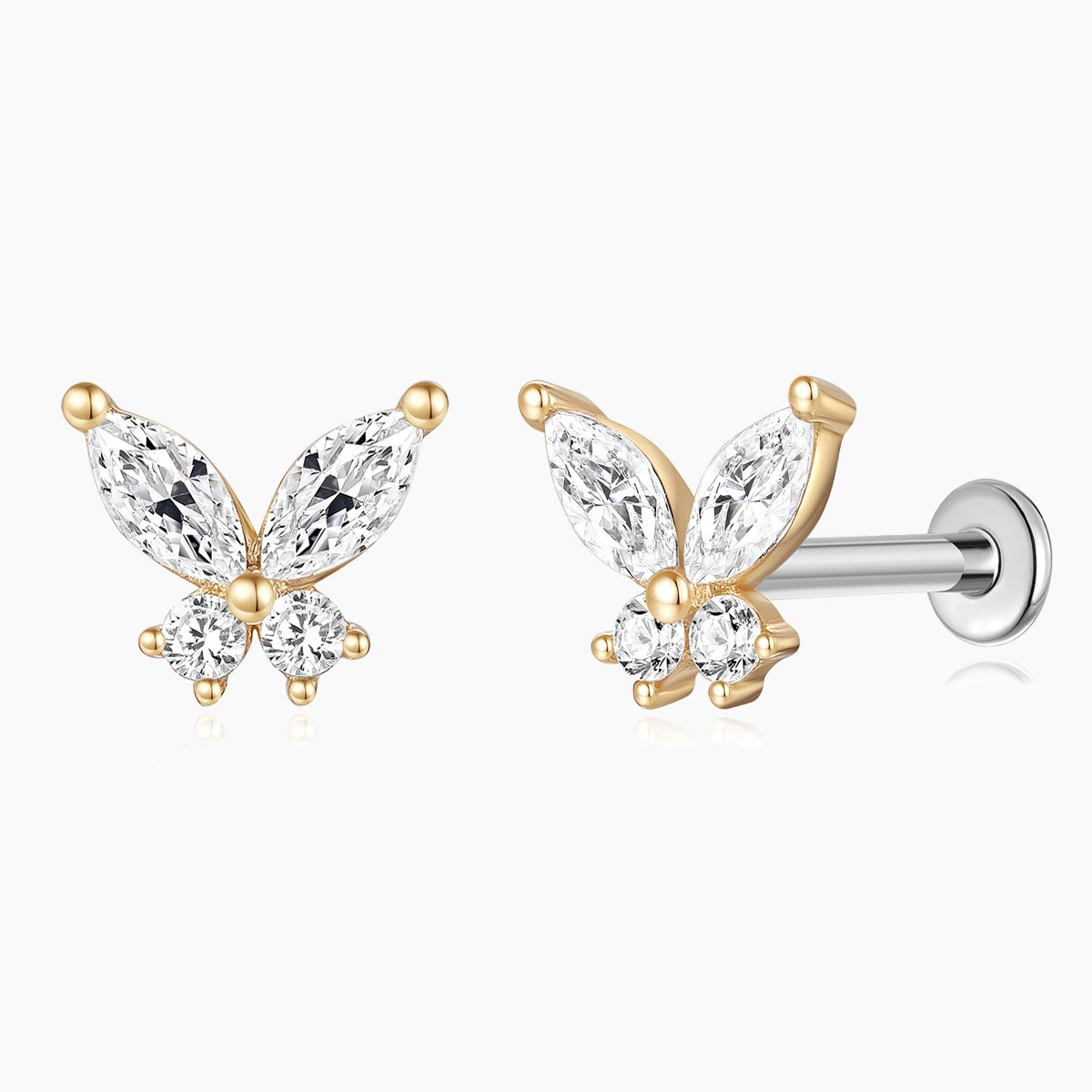 14K Solid Yellow Gold Butterfly Stud Flat Back Piercing