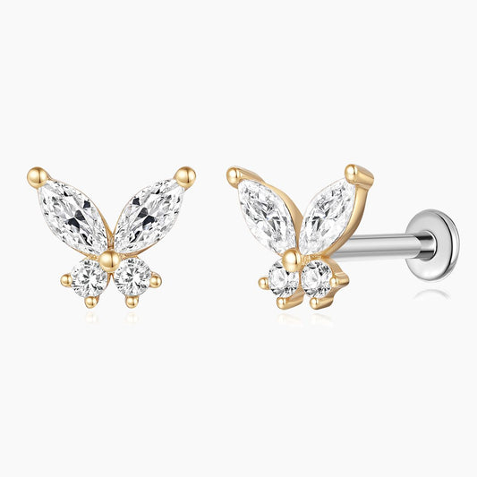 14K Solid Yellow Gold Butterfly Stud Flat Back Piercing