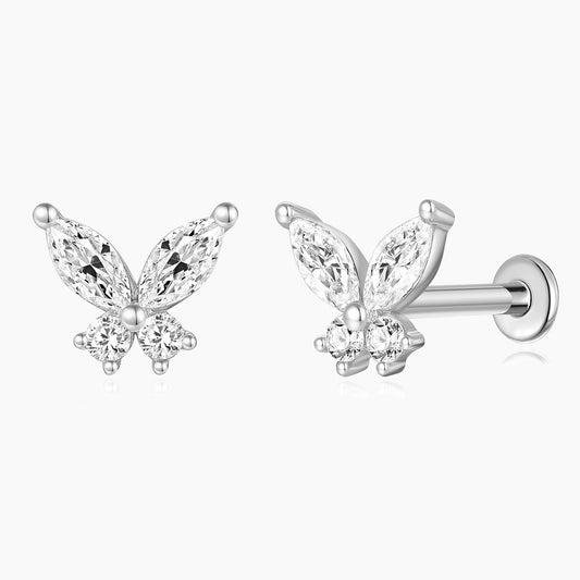 14K Solid White Gold Butterfly Stud Flat Back Piercing