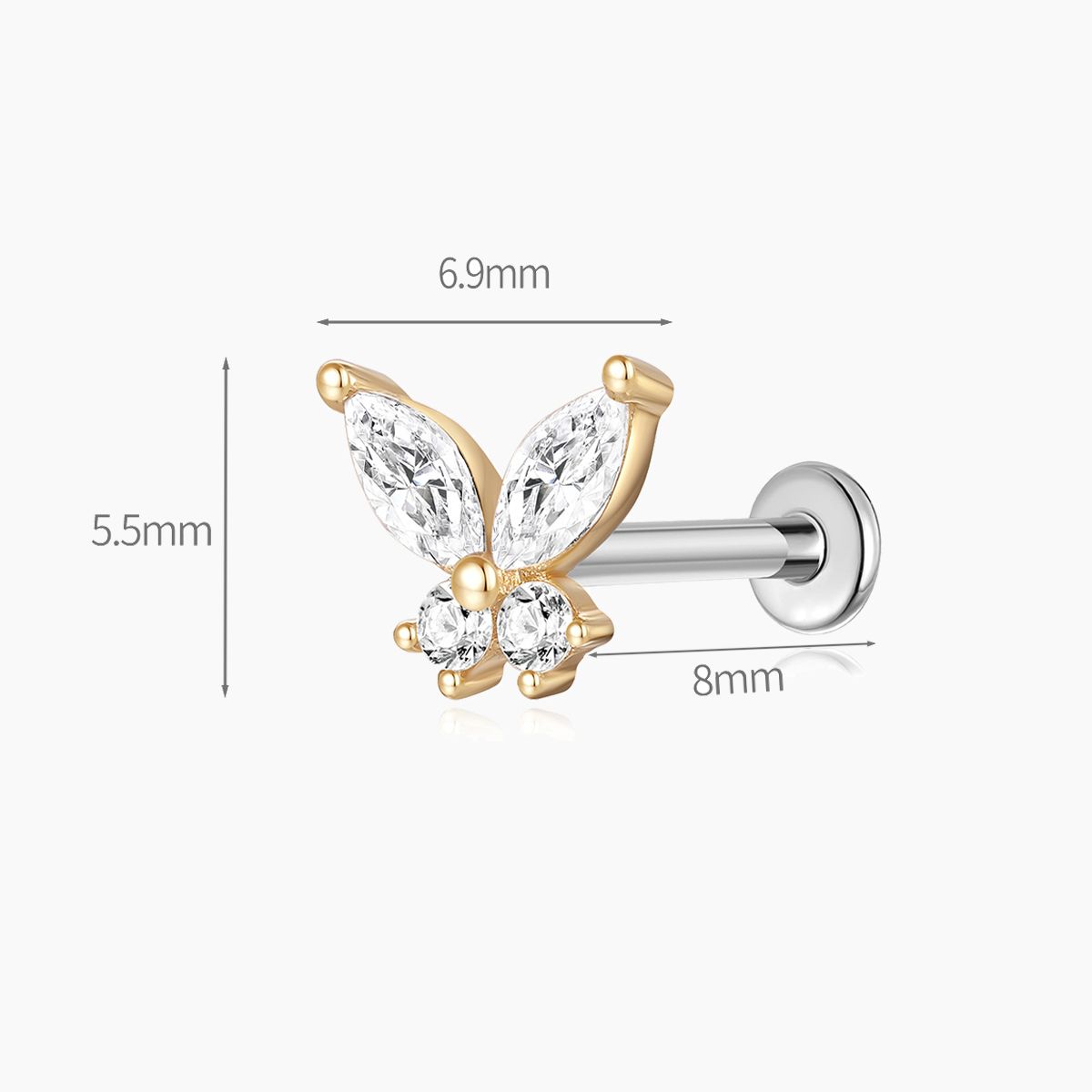 14K Solid Yellow Gold Butterfly Stud Flat Back Piercing