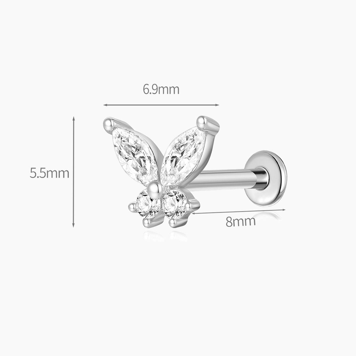 14K Solid White Gold Butterfly Stud Flat Back Piercing