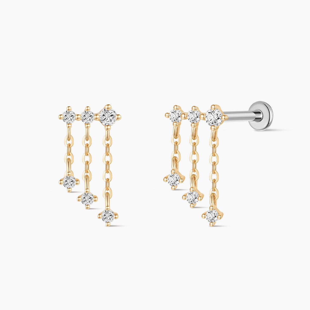 14K Solid Yellow Gold Triple Chain Drop Flat Back Stud