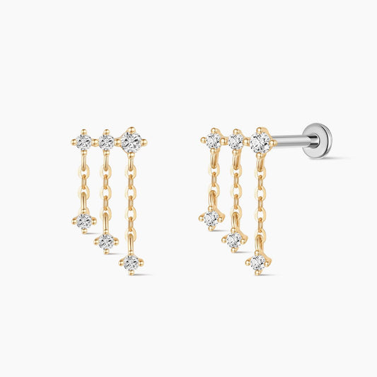 14K Solid Yellow Gold Triple Chain Drop Flat Back Stud