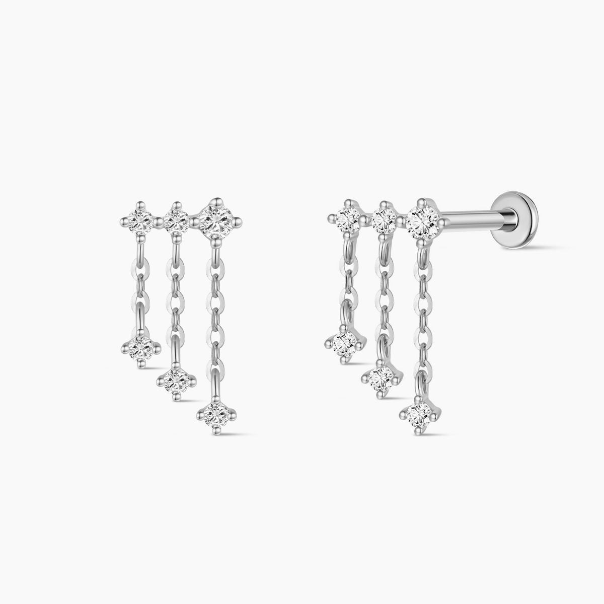 14K Solid White Gold Triple Chain Drop Flat Back Stud