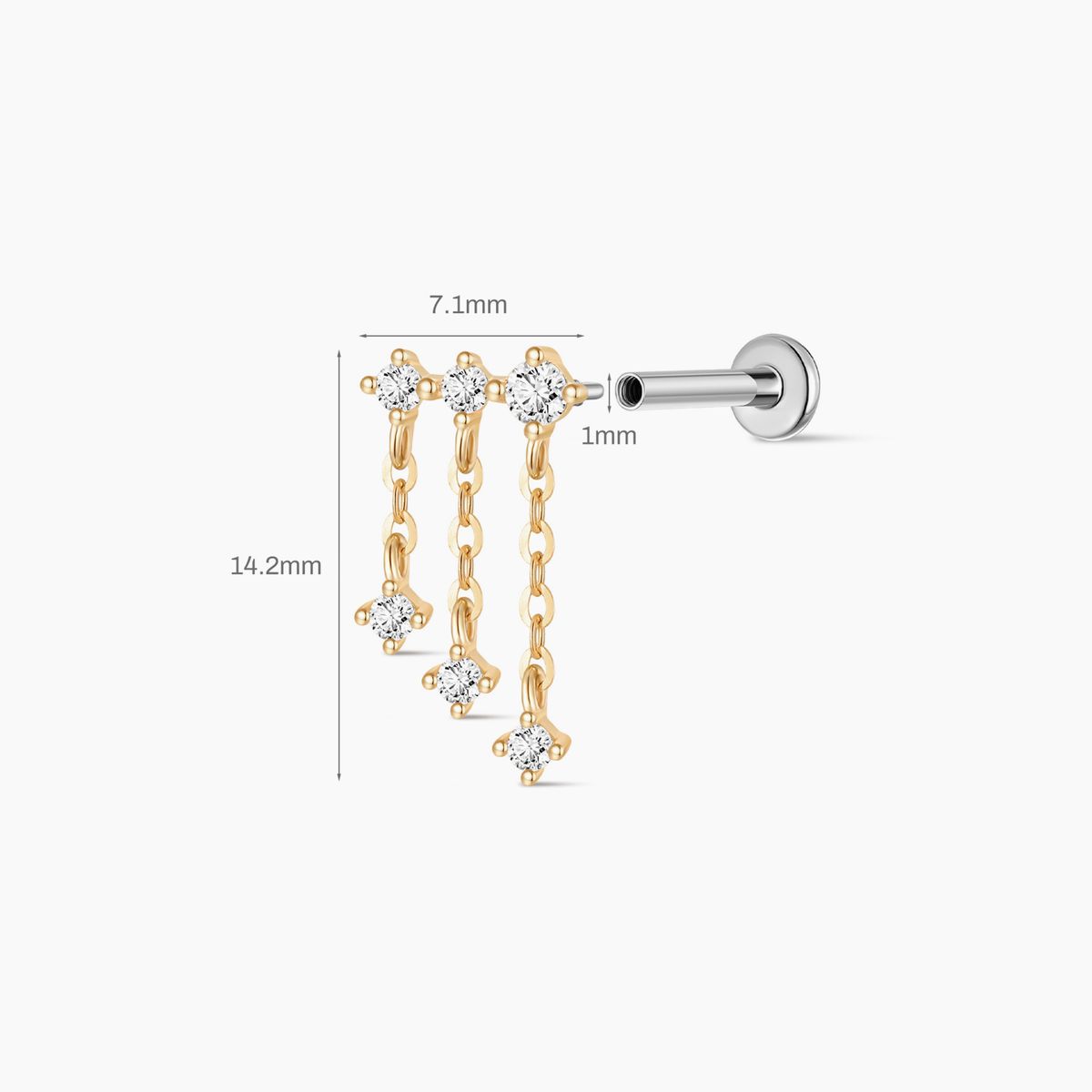 14K Solid Yellow Gold Triple Chain Drop Flat Back Stud