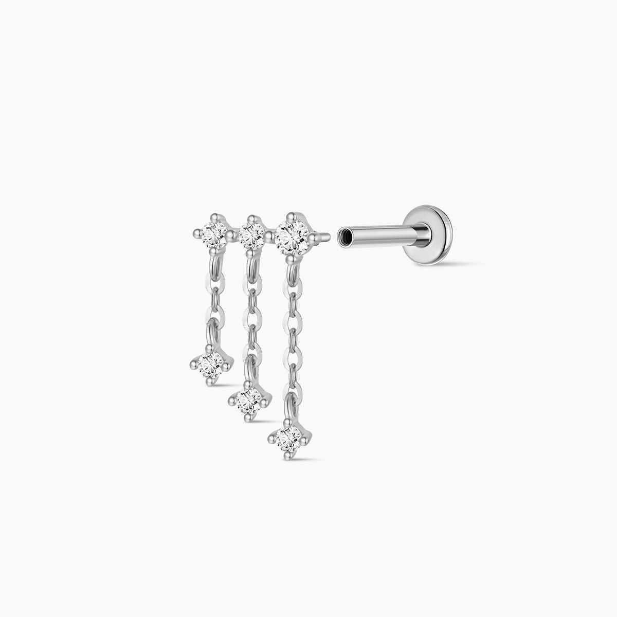 14K Solid White Gold Triple Chain Drop Flat Back Stud