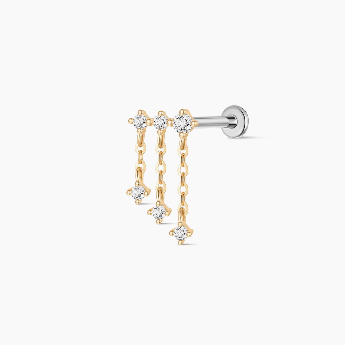14K Solid Yellow Gold Triple Chain Drop Flat Back Stud