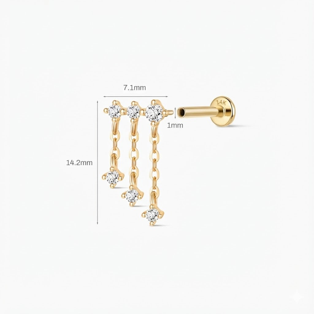 14K Solid Yellow Gold Triple Chain Drop Flat Back Stud & Solid Gold Post