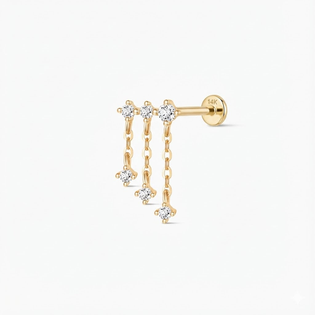 14K Solid Yellow Gold Triple Chain Drop Flat Back Stud & Solid Gold Post