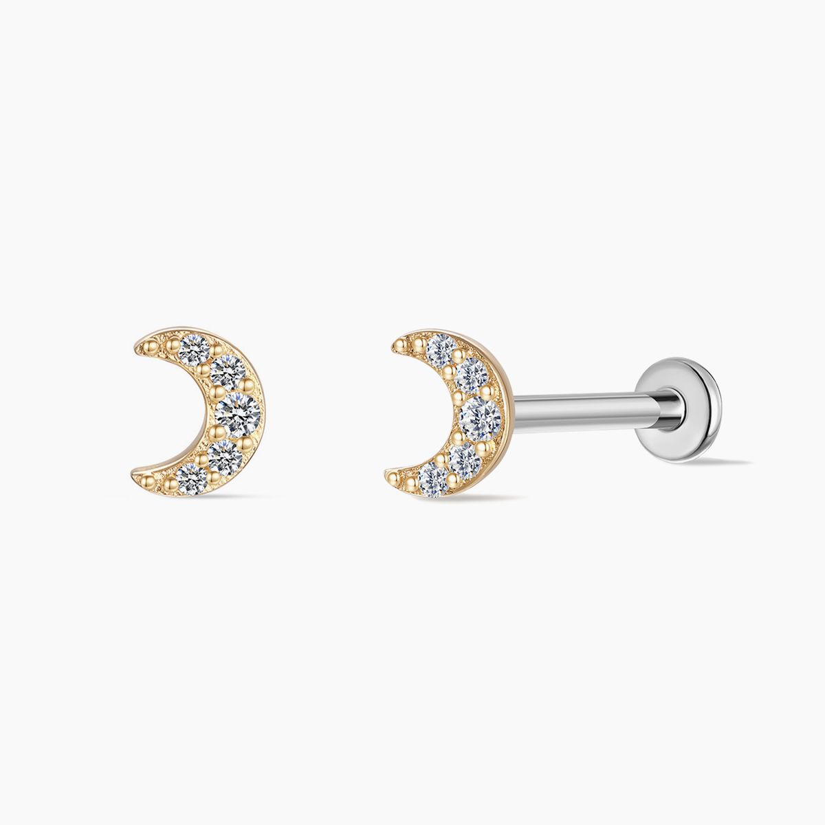 14K Solid Yellow Gold Crescent Moon Flat Back Stud