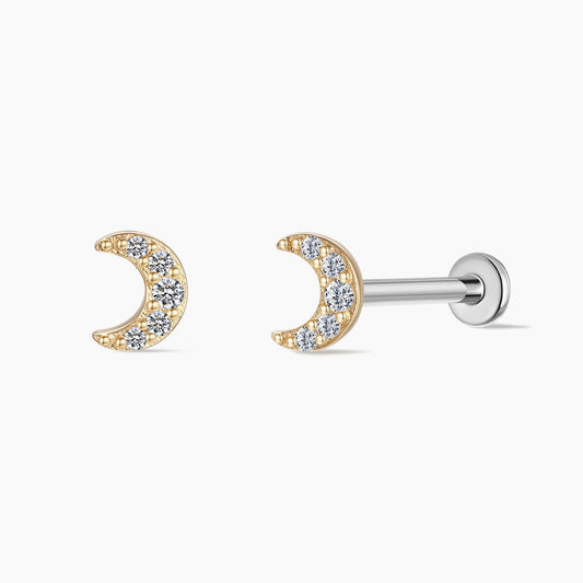 14K Solid Yellow Gold Crescent Moon Flat Back Stud