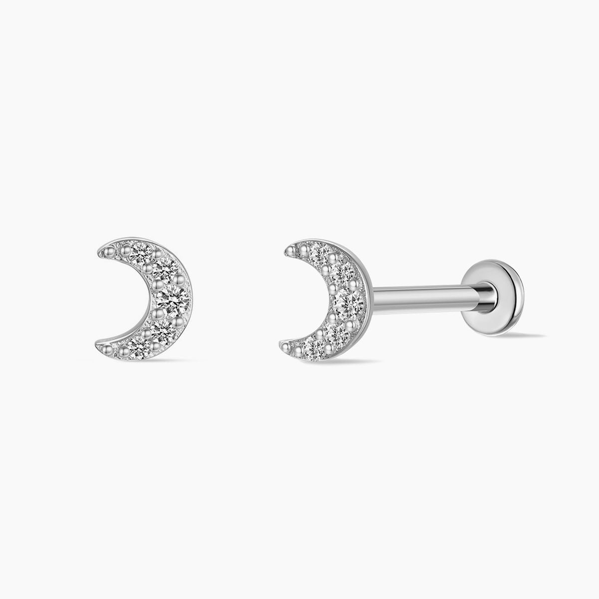 14K Solid White Gold Crescent Moon Flat Back Stud