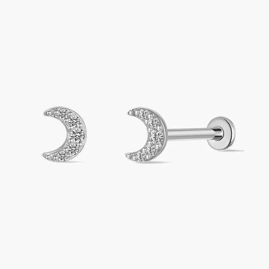 14K Solid White Gold Crescent Moon Flat Back Stud