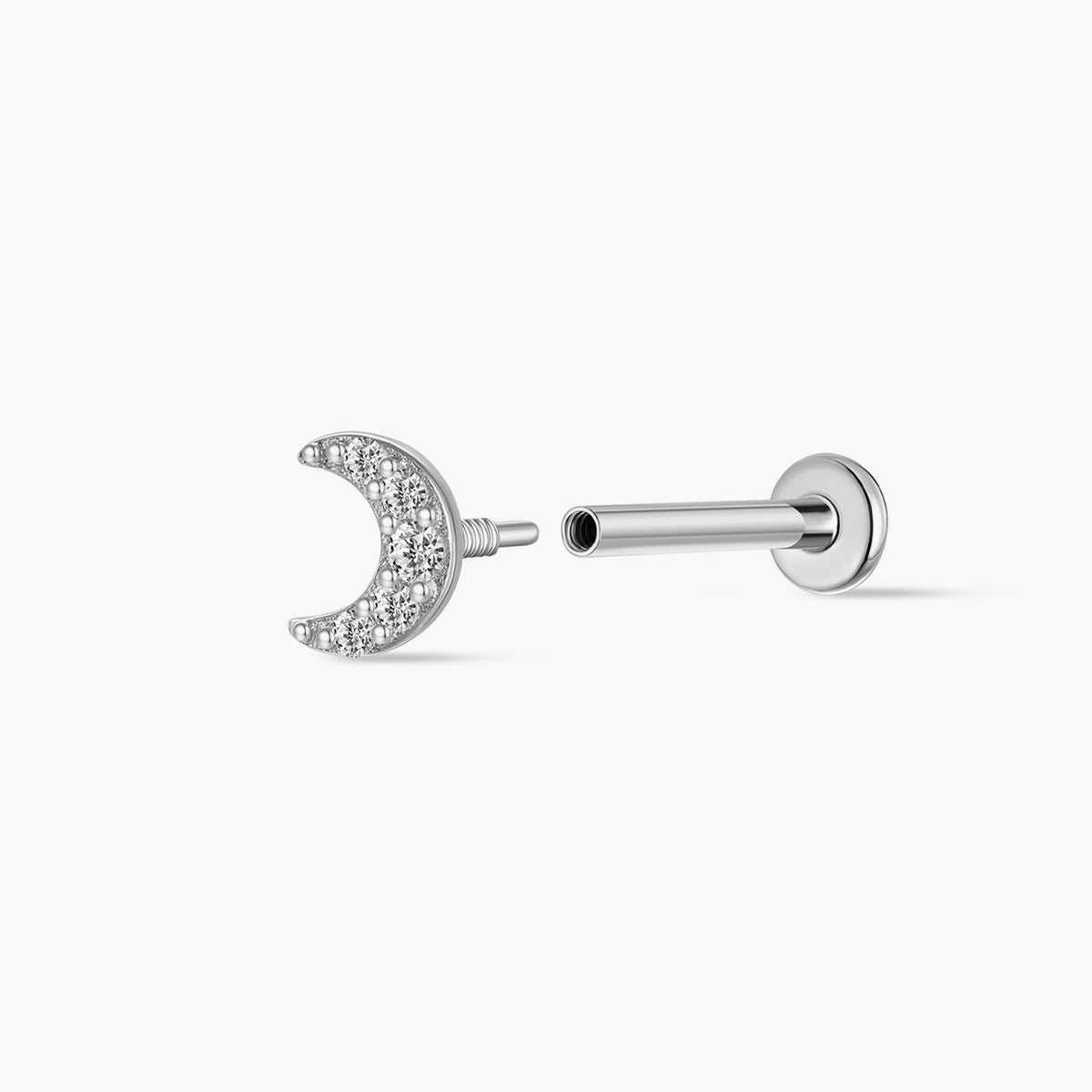 14K Solid White Gold Crescent Moon Flat Back Stud