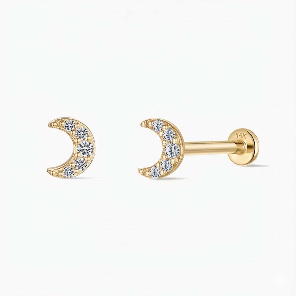 14K Solid Yellow Gold Crescent Moon Flat Back Stud & Solid Gold Post