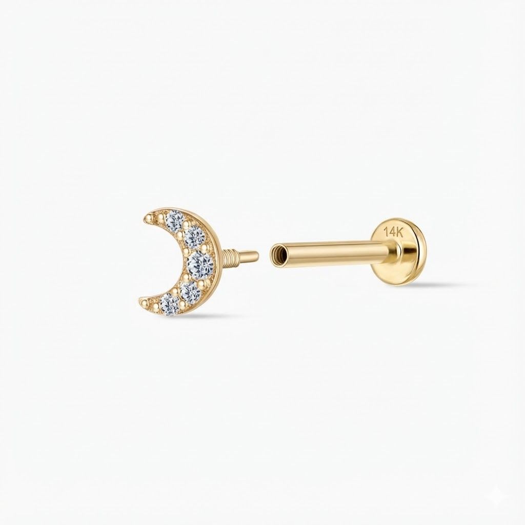14K Solid Yellow Gold Crescent Moon Flat Back Stud & Solid Gold Post
