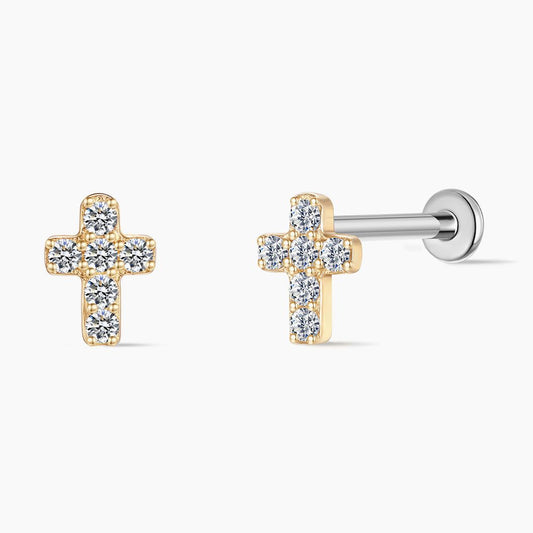 14K Solid Yellow Gold Cross Flat-Back Piercing Stud