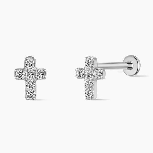 14K Solid  White Gold Cross Flat-Back Piercing Stud