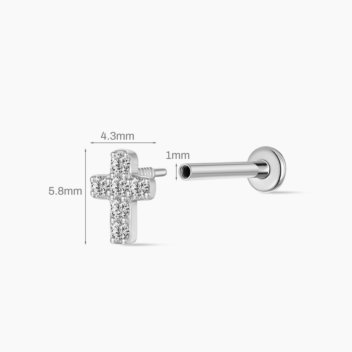 14K Solid  White Gold Cross Flat-Back Piercing Stud