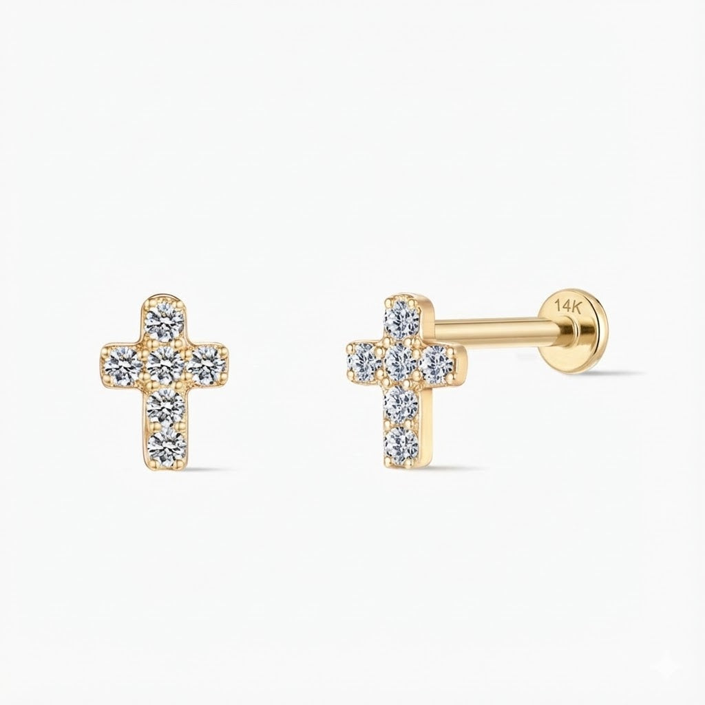 14K Solid Yellow Gold Cross Flat-Back Stud & Solid Gold Post