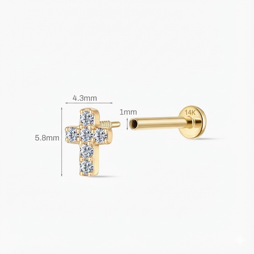 14K Solid Yellow Gold Cross Flat-Back Stud & Solid Gold Post