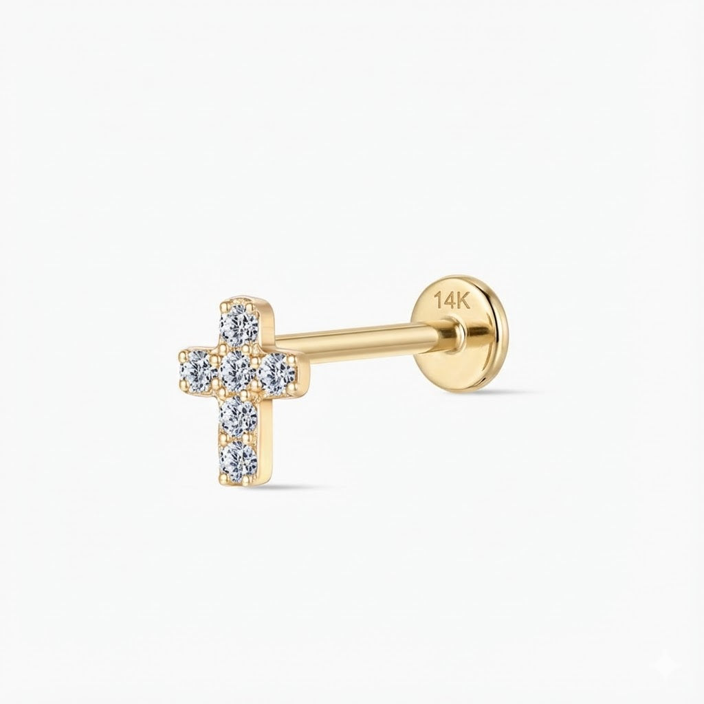 14K Solid Yellow Gold Cross Flat-Back Stud & Solid Gold Post