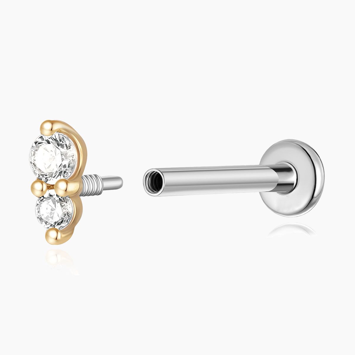 14K Solid Yellow Gold Vertical Double Gem Flat Back Stud