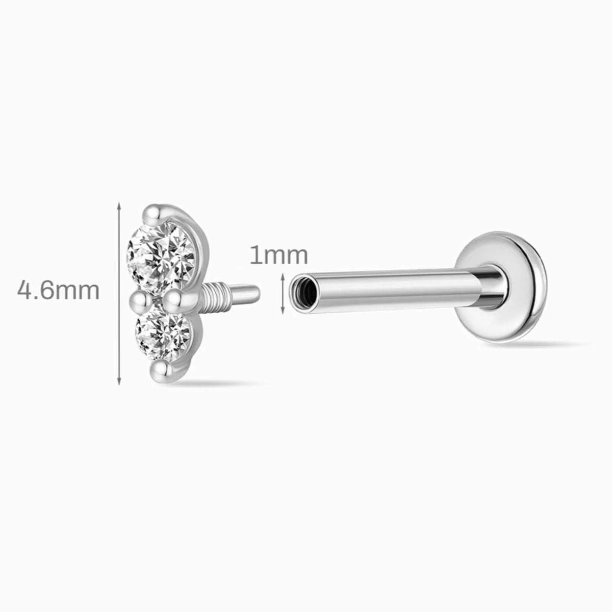 14K Solid White Gold Vertical Double Gem Flat Back Stud