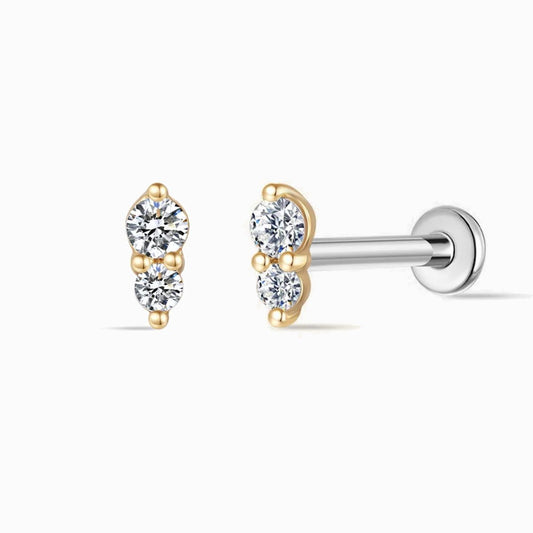 14K Solid Yellow Gold Vertical Double Gem Flat Back Stud
