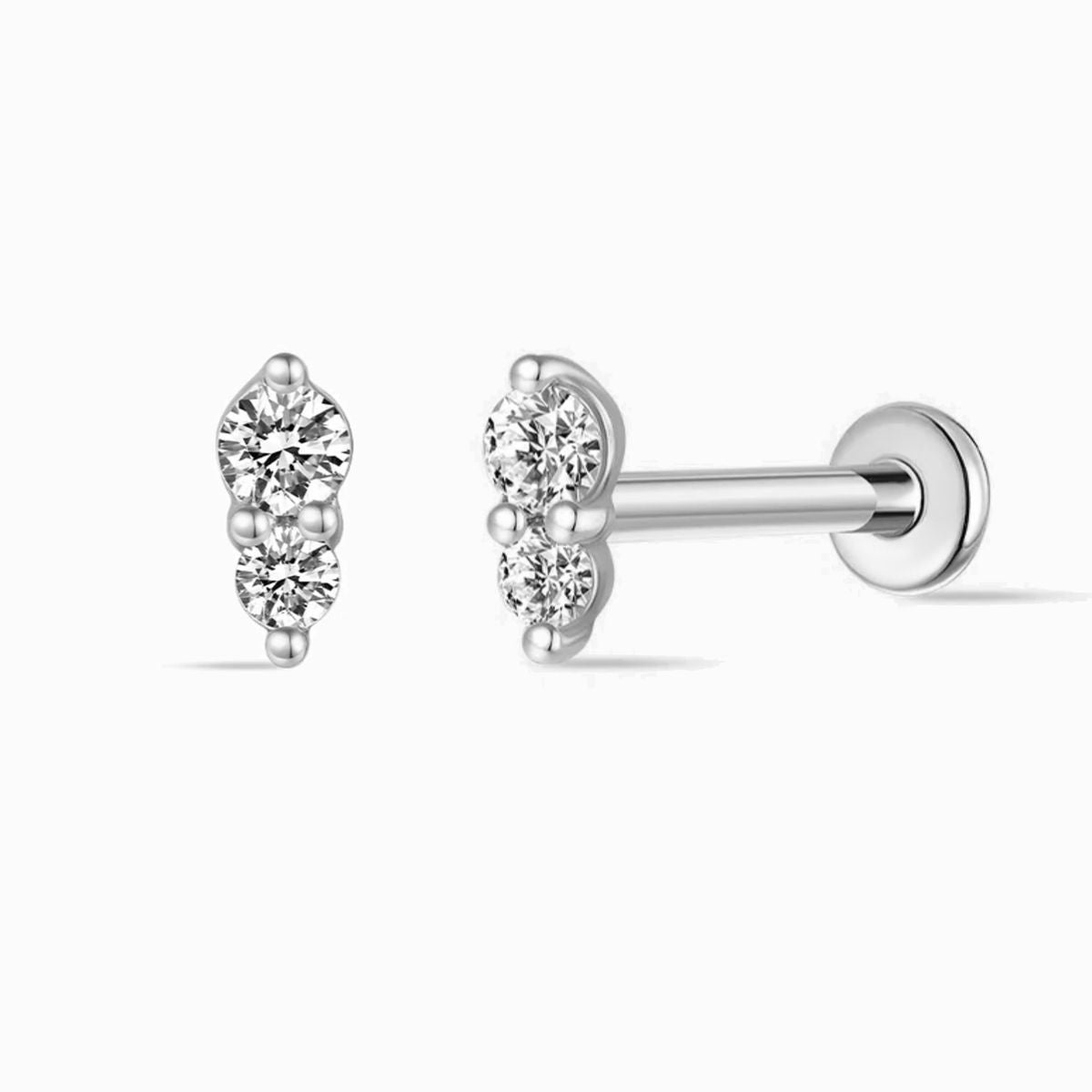 14K Solid White Gold Vertical Double Gem Flat Back Stud