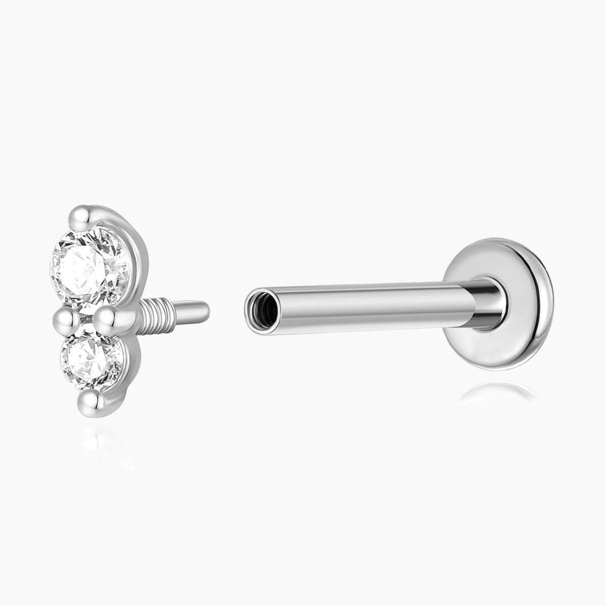 14K Solid White Gold Vertical Double Gem Flat Back Stud