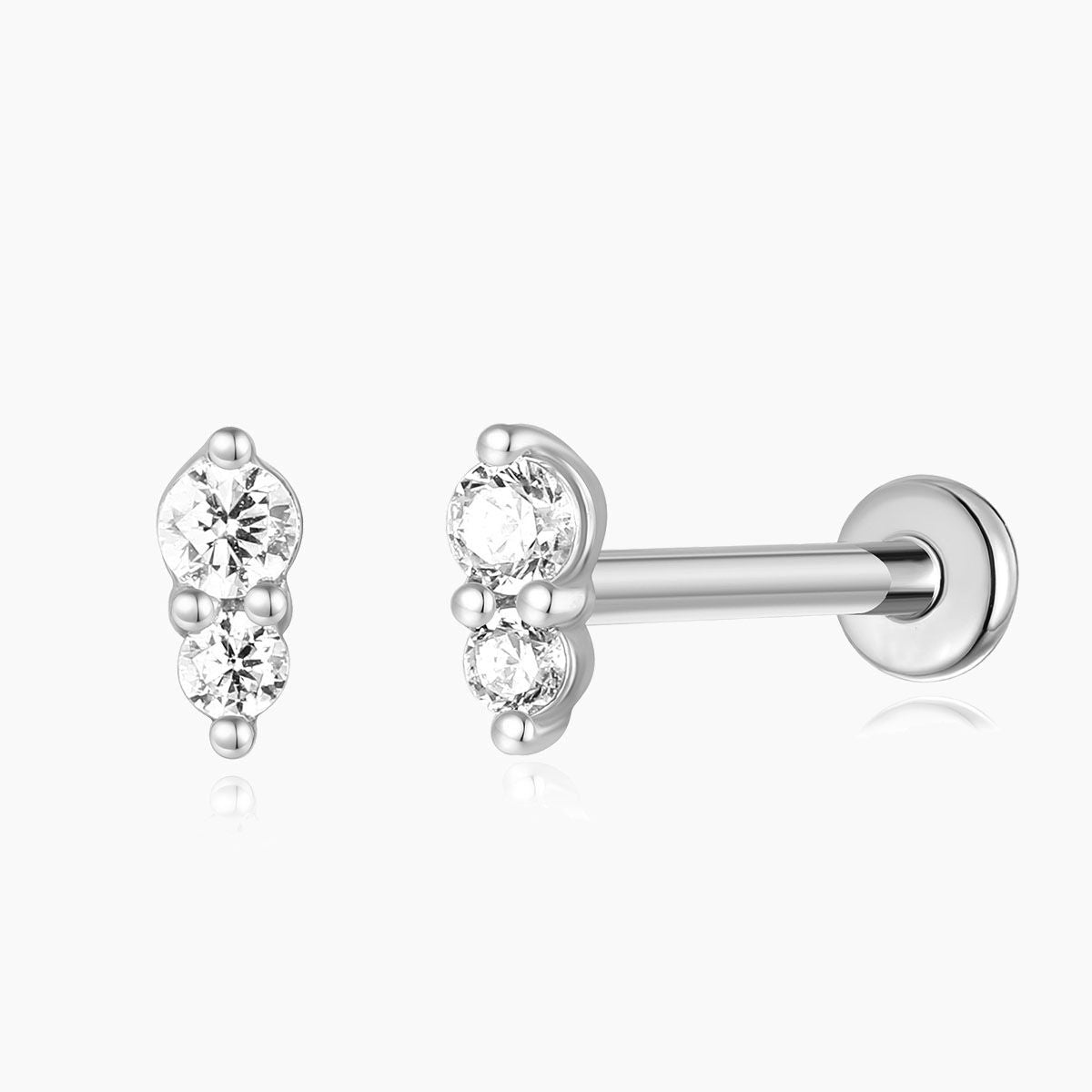 14K Solid White Gold Vertical Double Gem Flat Back Stud