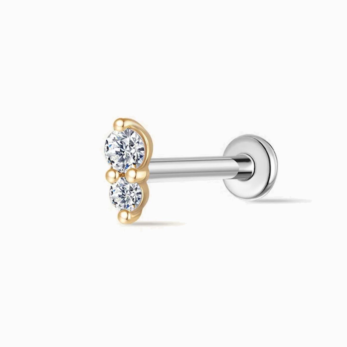 14K Solid Yellow Gold Vertical Double Gem Flat Back Stud
